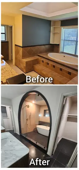 Bath before and after: Built-in tub deck to an arched glass wet room