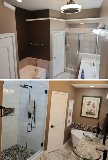 Before and after photos: Framed shower and tub to black-hardware glass and a freestanding tub