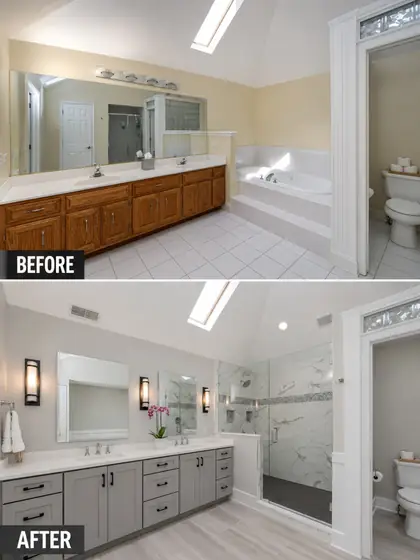 Before and after photos: Oak vanity and garden tub to a gray vanity and glass shower