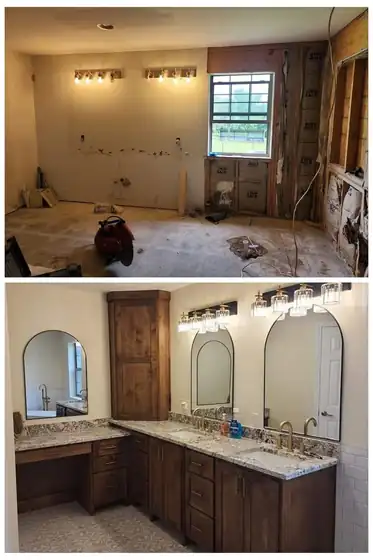 Before and after photos: Gutted to the studs, then a wood double vanity with granite