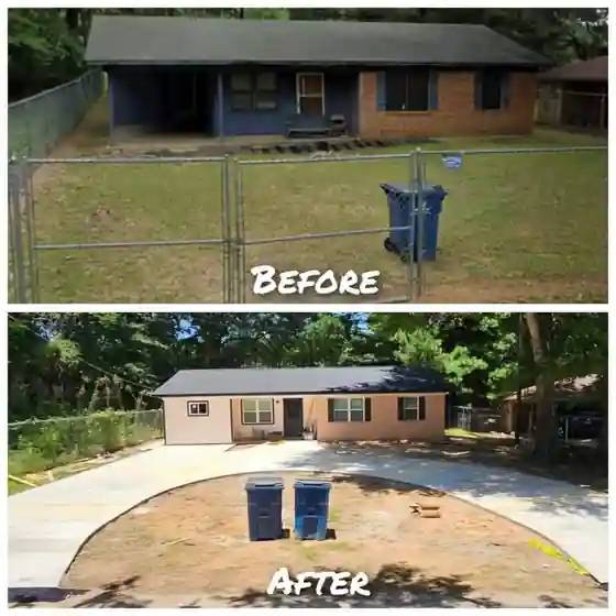 Home Pro's labelled before and after collage of a ranch house and its driveway