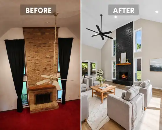 Their own before and after board of a fireplace finished in black