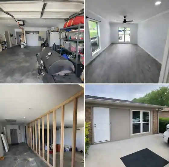 Garage before and after: Storage garage framed and finished into a room
