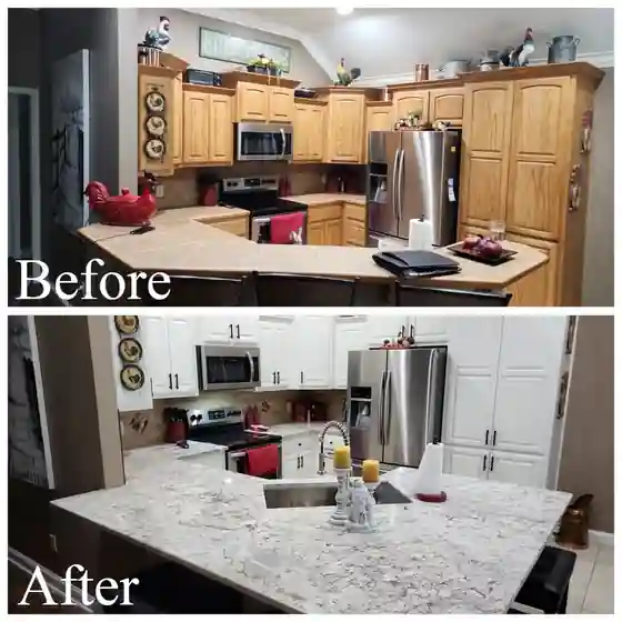 Before and after photos: Honey oak cabinets to white, with speckled granite