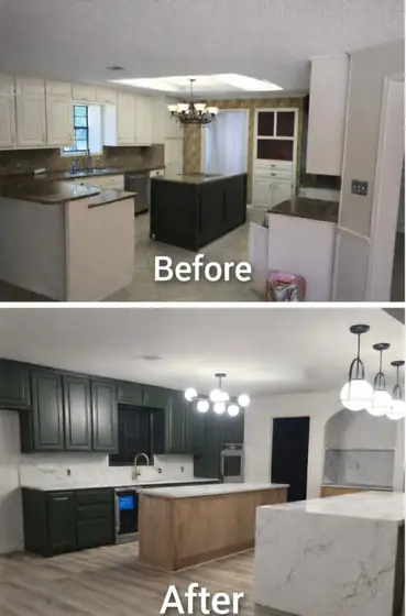 Before and after photos: Cream cabinets and a dark island to forest-green cabinets and a wood island