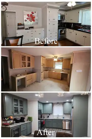 Kitchen before and after: Oak cabinets painted sage, new counters and lighting