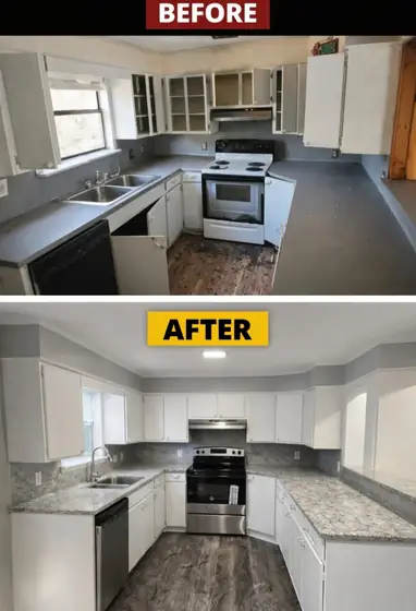 Kitchen before and after: Dated laminate to white cabinets and new floors