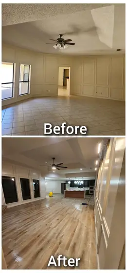 Their own before and after board of a living room floor, the old floor on top and the finished floor below