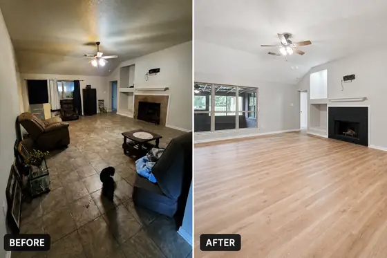 Their own before and after board of a living room with new vinyl plank flooring