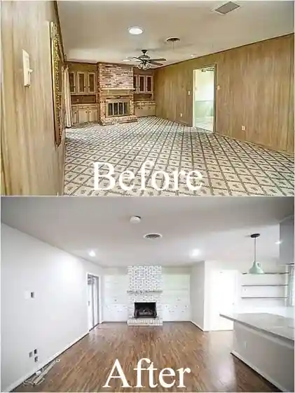 Their own before and after board of a paneled den