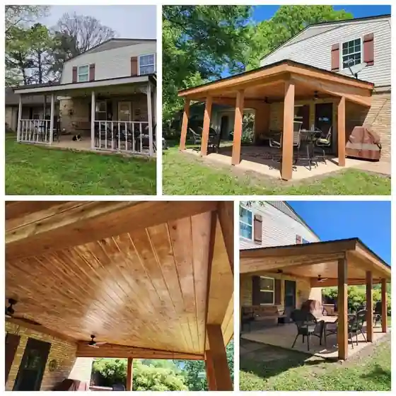 Backyard before and after: Open slab to a cedar porch cover with a tongue-and-groove ceiling