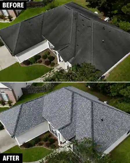 Roof before and after: Worn dark shingles to a new light roof