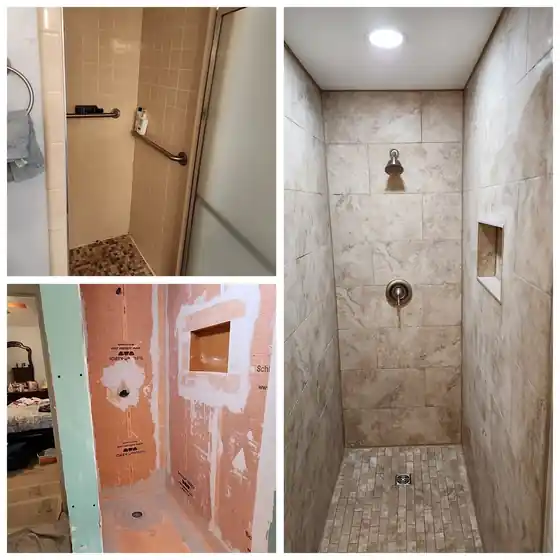 Before and after photos: An old tan stall stripped to bare board, rebuilt in tile with a niche
