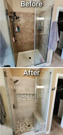 Before and after photos: Tan tile shower to a pebble niche, pebble floor and bench