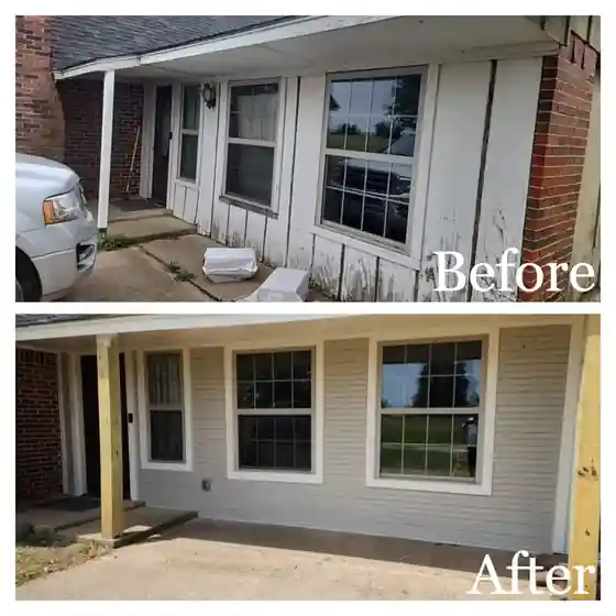 Siding before and after: Weathered siding replaced, new windows set