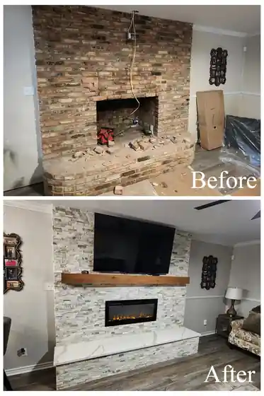 Living room before and after: Bare brick firebox to stacked stone and a floating mantel