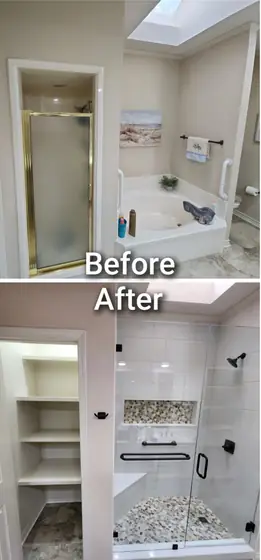 Before and after photos: Gold-framed shower and corner tub to white tile with black hardware