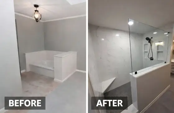 Bath before and after: Garden tub out, glass walk-in shower in