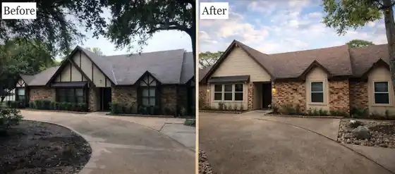Exterior before and after: Dark Tudor trim to a light, painted front