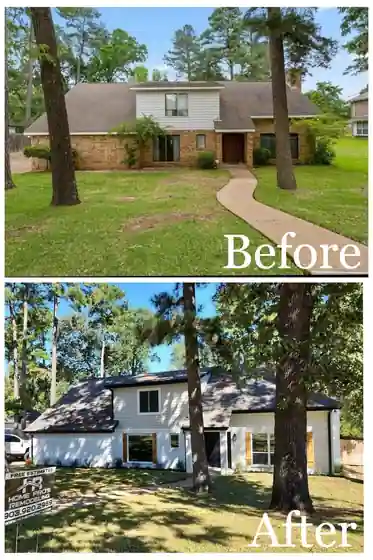 Home Pro's labelled before and after collage of a two-story house exterior repainted