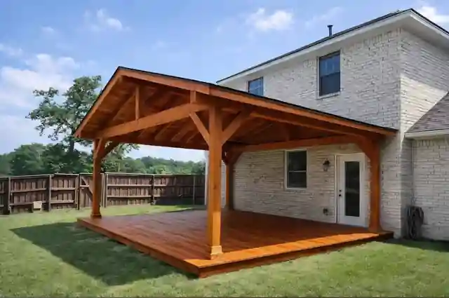 Cedar pavilion over a stained deck behind a brick two-story house